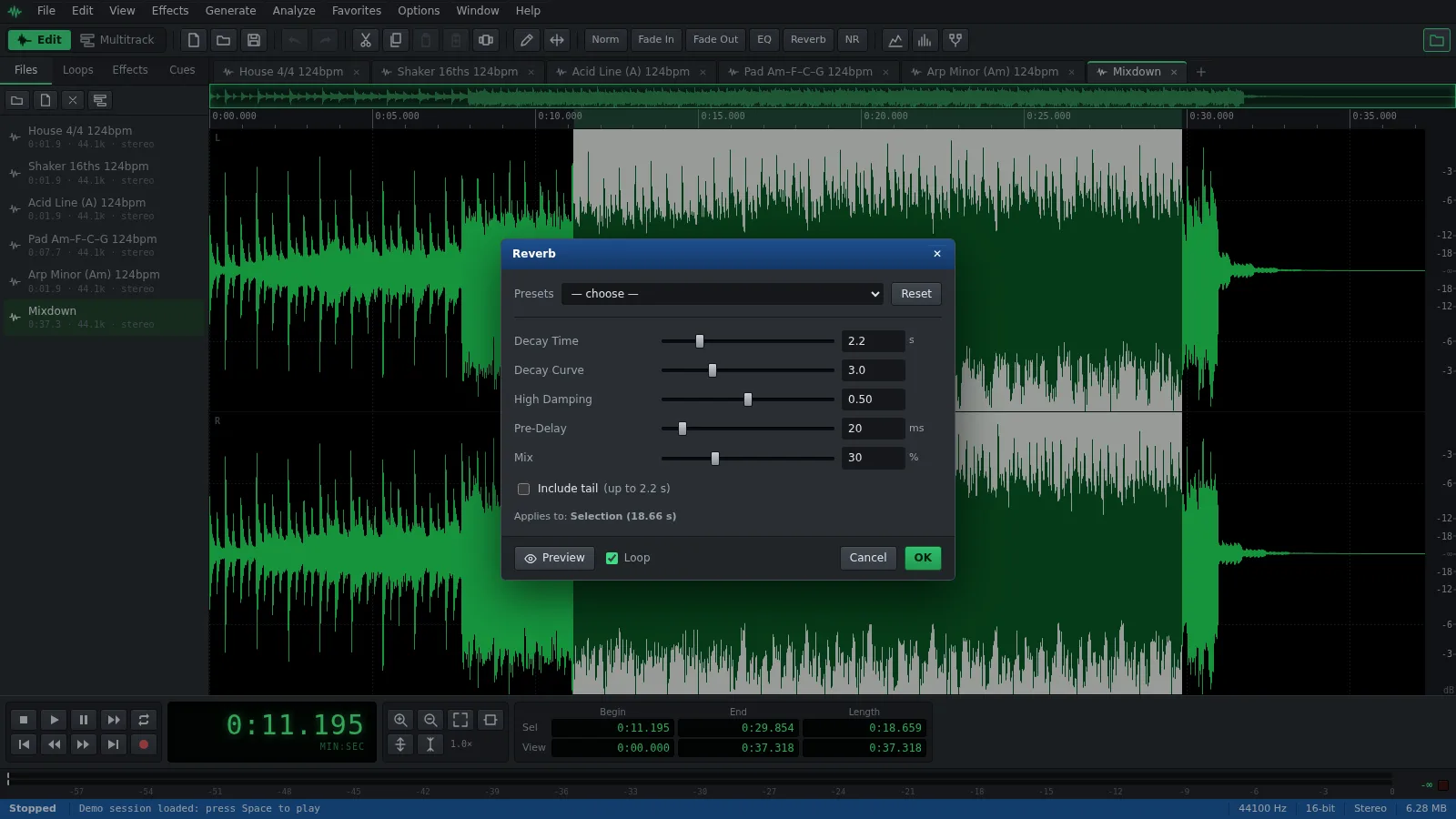 The Reverb window in Auditius over a selected part of a song’s waveform