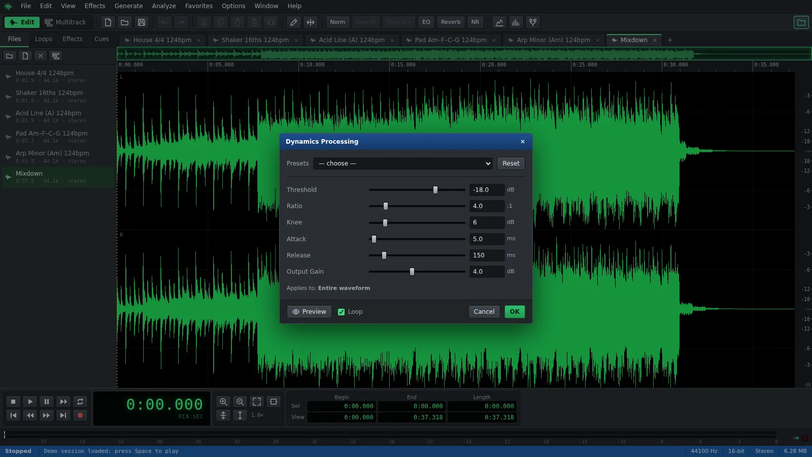 The Dynamics Processing window in Auditius over a song’s waveform