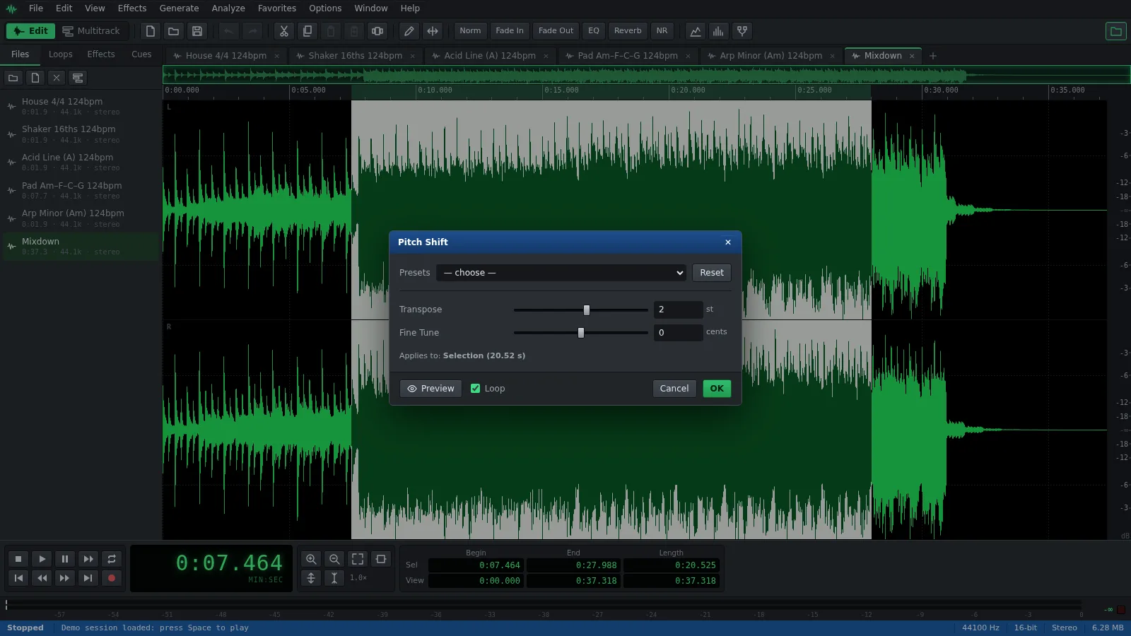 The Pitch Shift window in Auditius over a song’s waveform, transposing it up 2 semitones