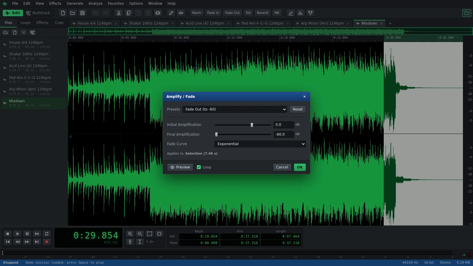 The Amplify / Fade window in Auditius with the Fade Out (to -60) preset, over the selected last seconds of a song's waveform