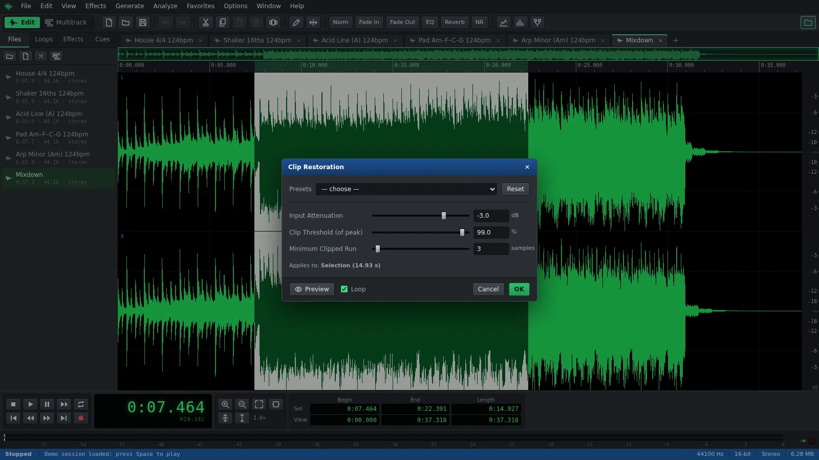 The Clip Restoration window in Auditius over the selected waveform of a very loud song