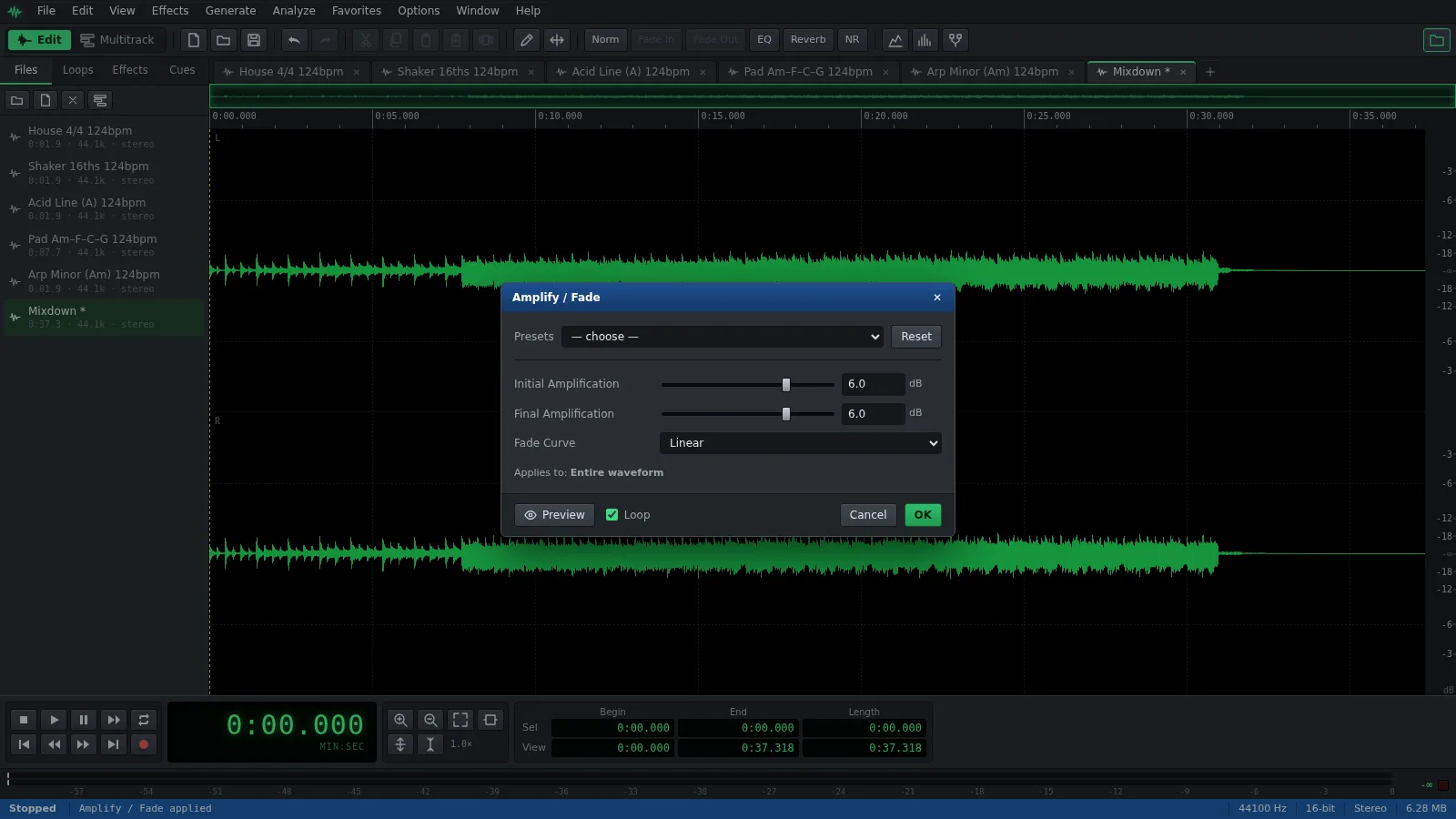 The Amplify / Fade window in Auditius, set to +6 dB over the waveform of a quiet song