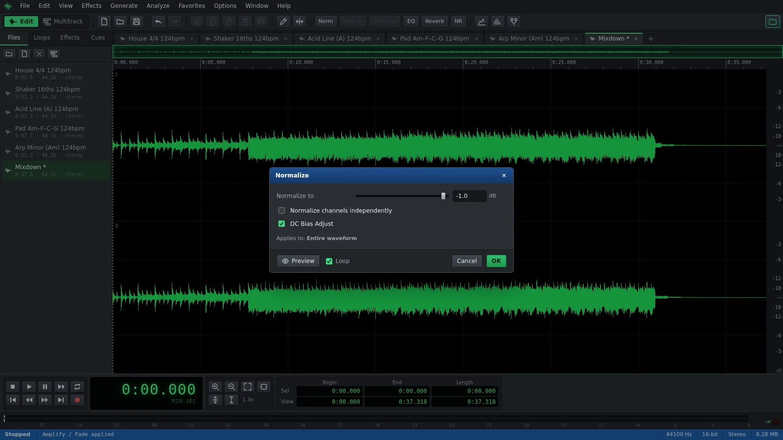 The Normalize window in Auditius, set to -1 dB over a song's waveform