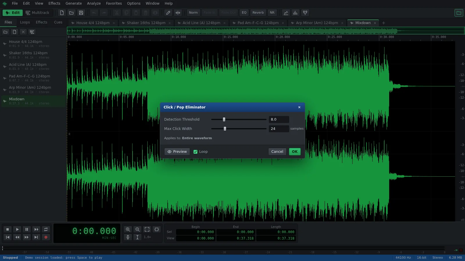 The Click / Pop Eliminator window in Auditius over a song’s waveform