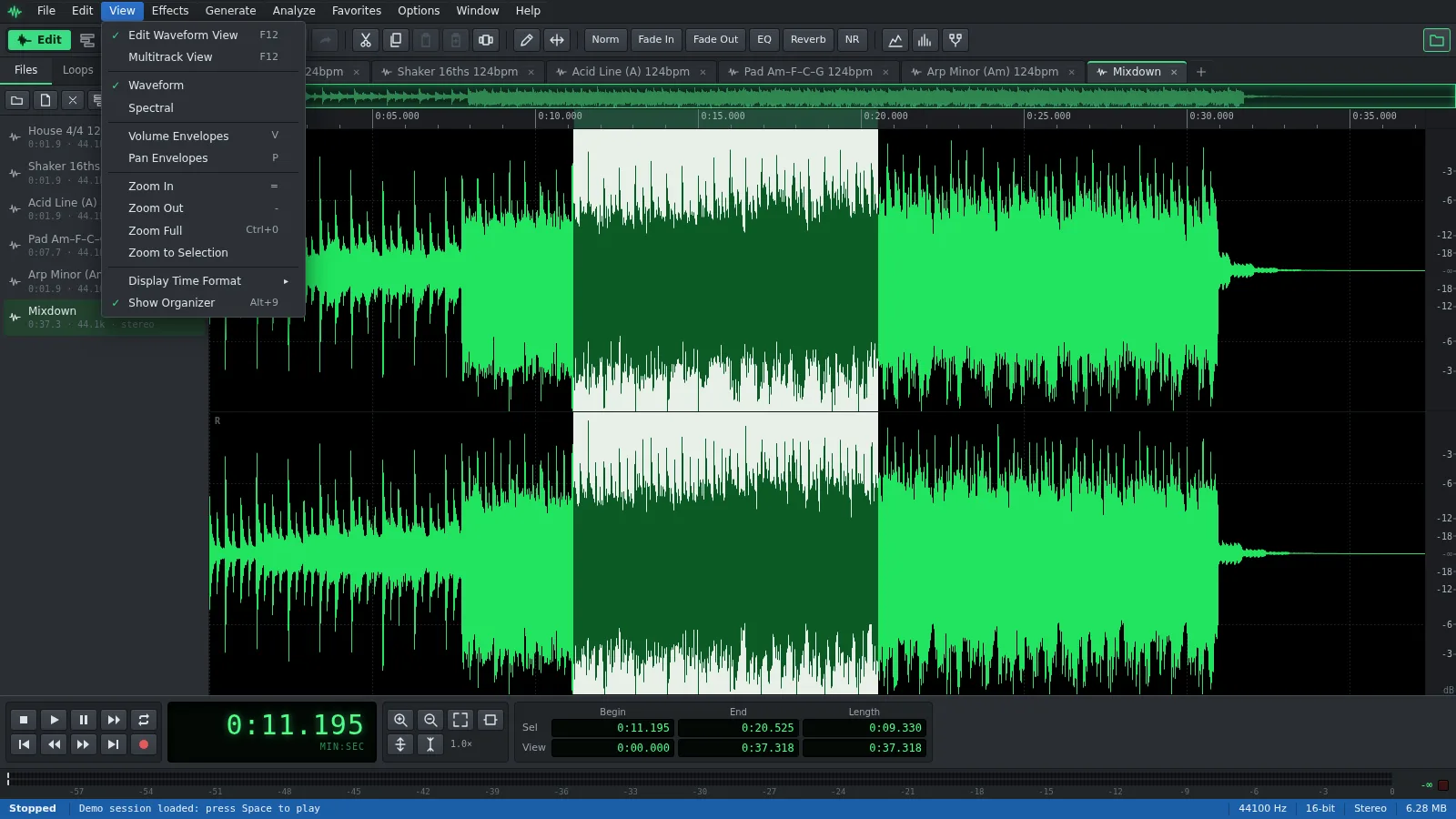 A selected part of a song’s waveform in Auditius, with the Effects menu open showing Reverse and Invert