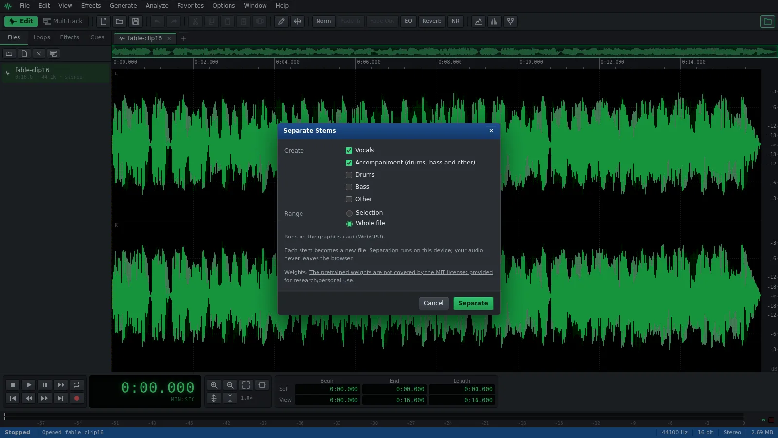 The Separate Stems window in Auditius with Vocals and Accompaniment selected, over a song’s waveform