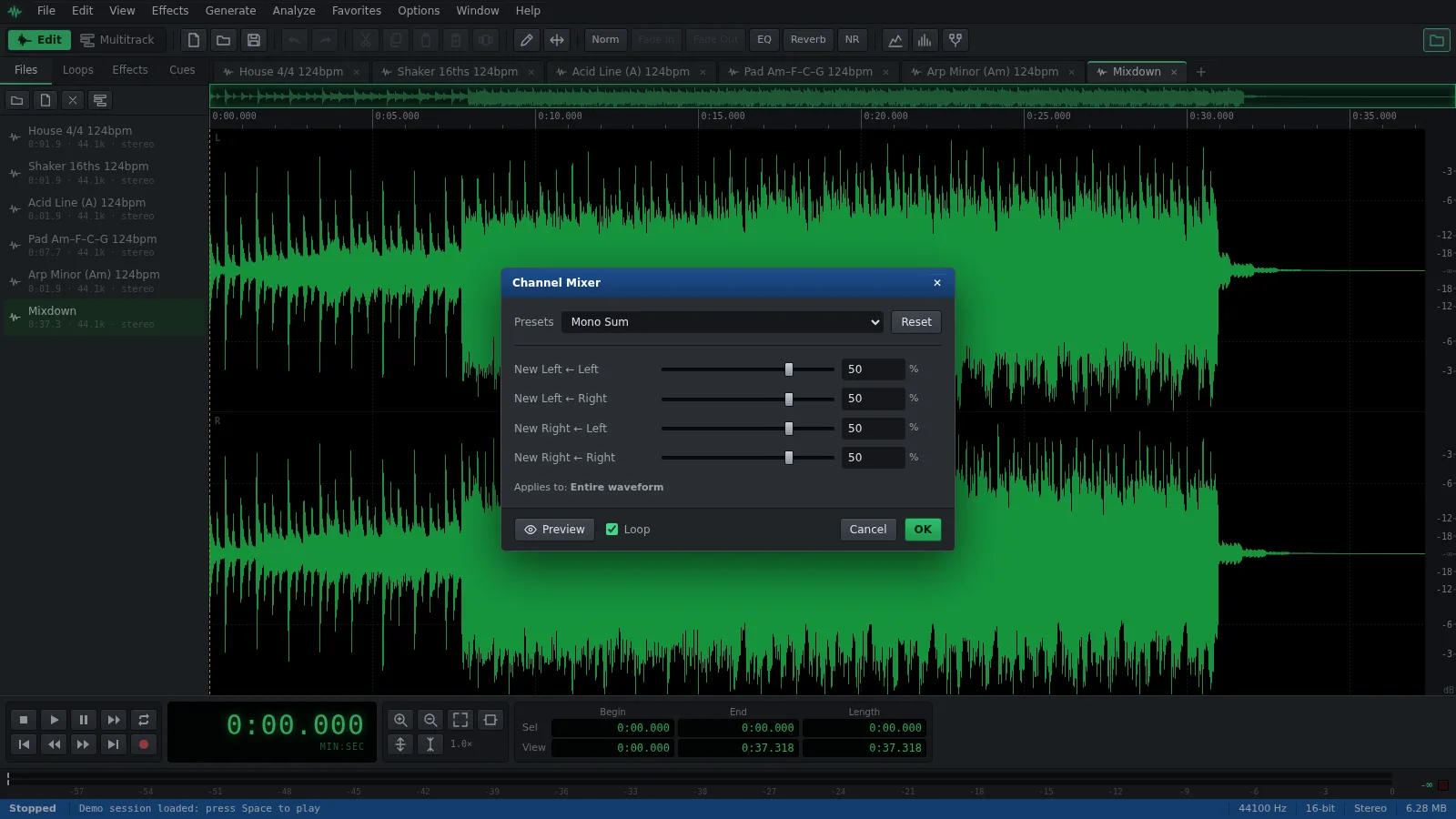 The Channel Mixer window in Auditius with the Mono Sum preset