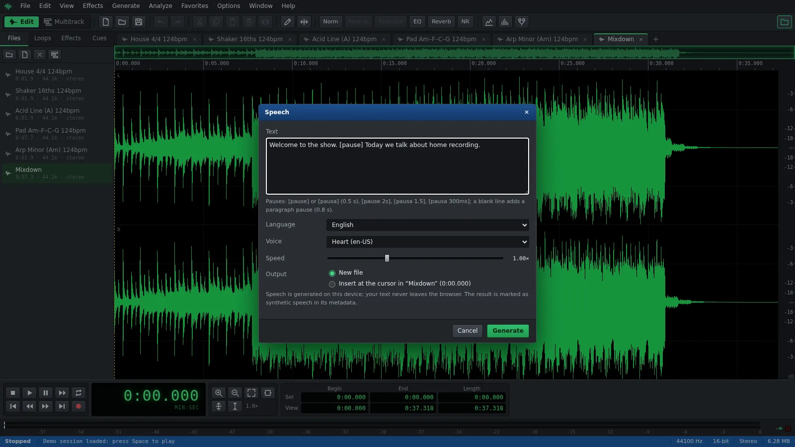 The Speech window in Auditius with English text and a voice selected
