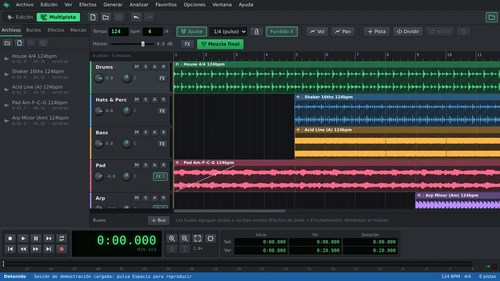 La vista multipista de Auditius: bucles de batería, percusión, bajo, pad y arpegio en pistas de colores, con los controles de mezcla y el organizador