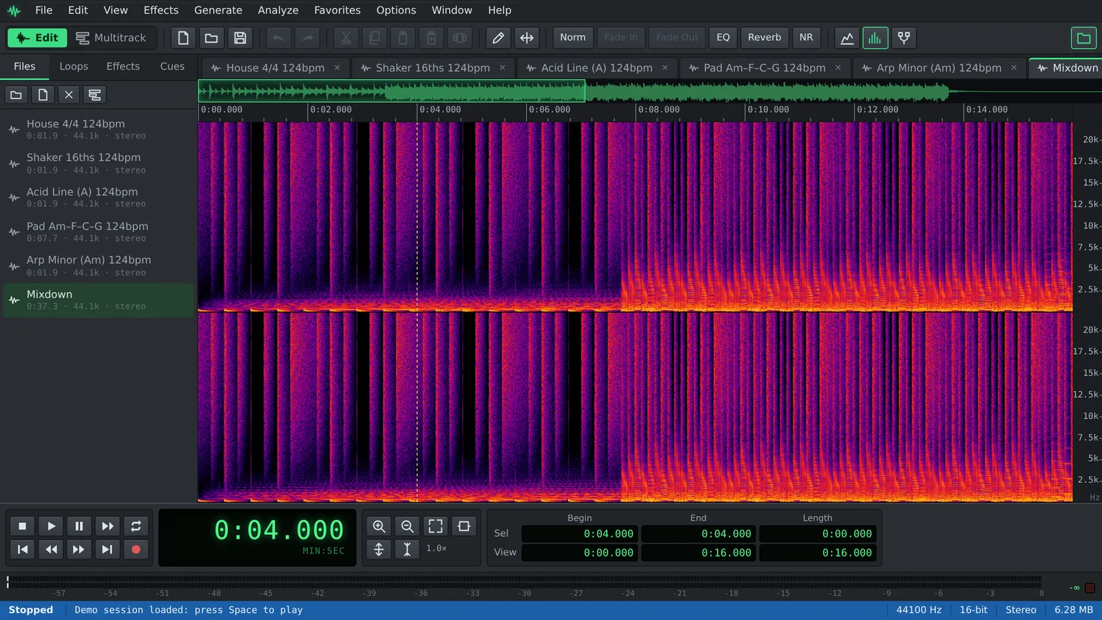The spectral view of a mix in the Auditius editor, with frequencies from 0 to 20 kHz over time